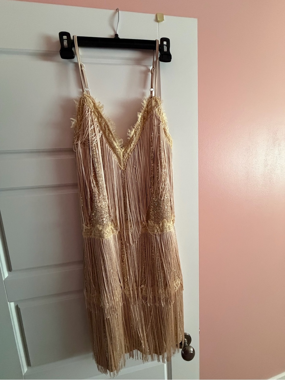 Fringe Party Mini Dress in Cream - Elegant Spaghetti Strap Cocktail Dress - Picture 3 of 3